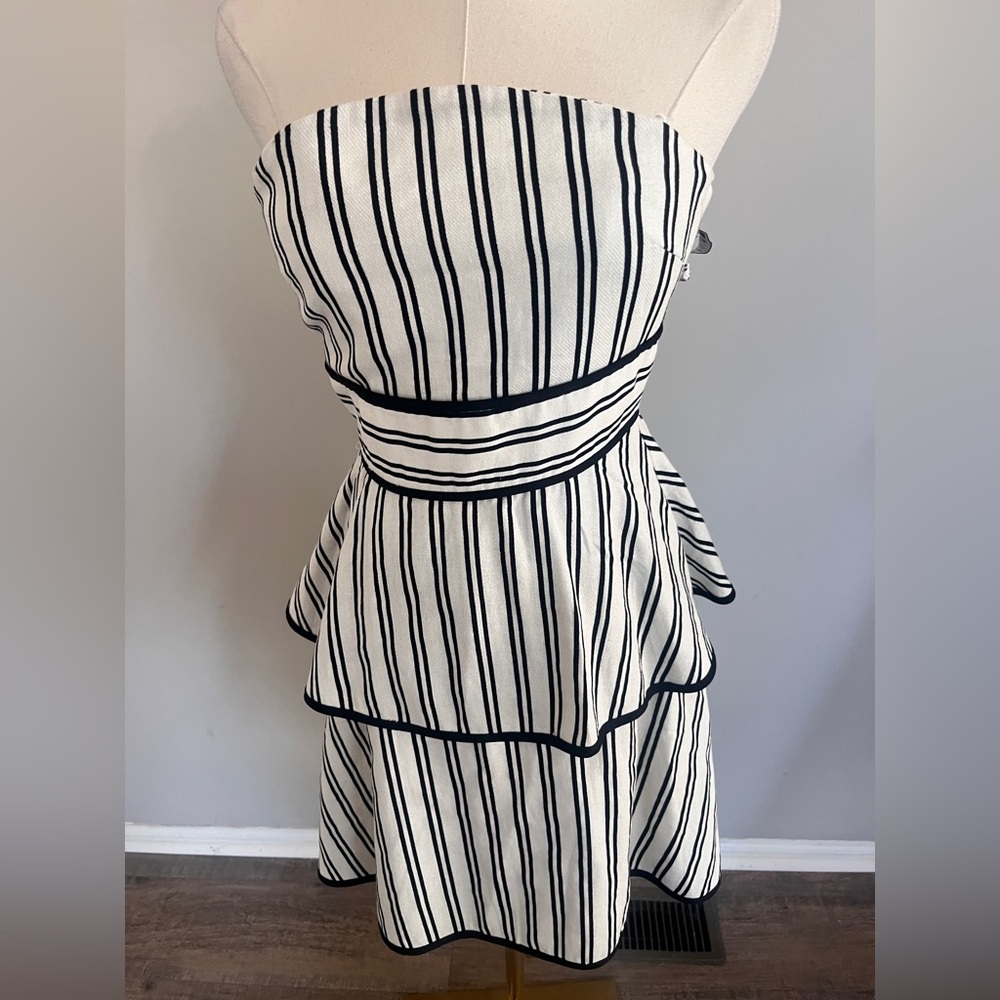 Endless Rose Striped Strapless Peplum Dress in Black and White